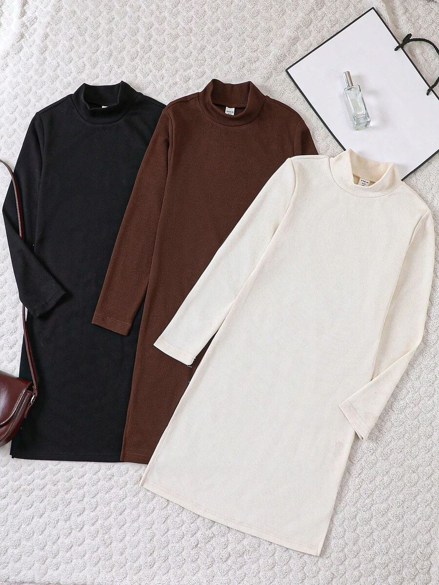 SHEIN Cô gái Tween 3pcs Cổ giả Đồ đan Ribbed Váy áo thun - Đen và trắng - Xem 1