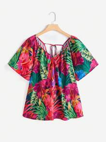 SHEIN LUNE 大碼熱帶圖案後綁帶插肩袖襯衫 - 彩色 - 查看 1