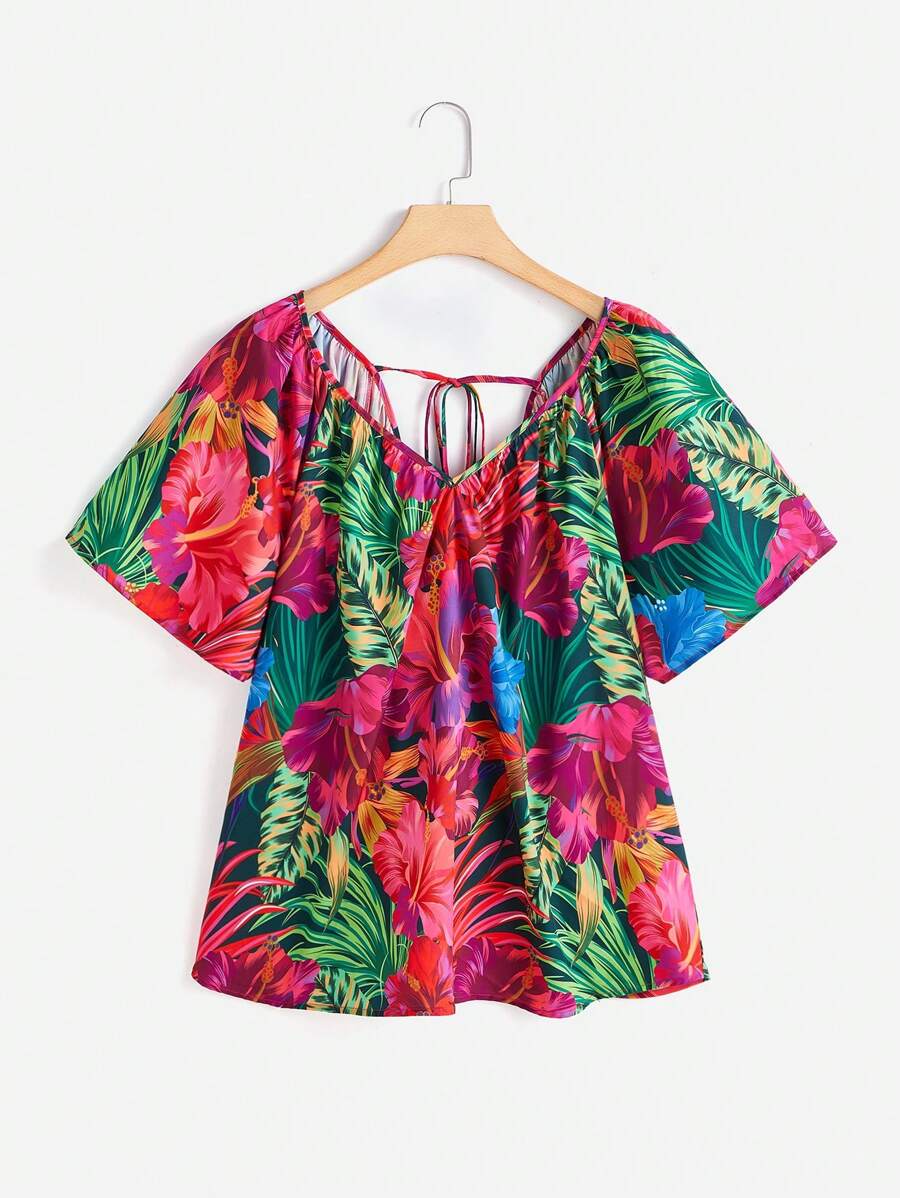 SHEIN LUNE 大碼熱帶圖案後綁帶插肩袖襯衫 - 彩色 - 查看 1