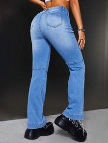 SHEIN ICON Slant Pocket Flare Leg Jeans - Medium Wash - View 2