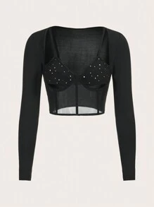 SHEIN ICON Lưới tương phản Cắt ra Pha lê Bustier Áo phông Crop - màu đen - Xem 2