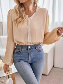 GENKIRA Blusa ribete con encaje de manga farol - Multicolor - Ver 3
