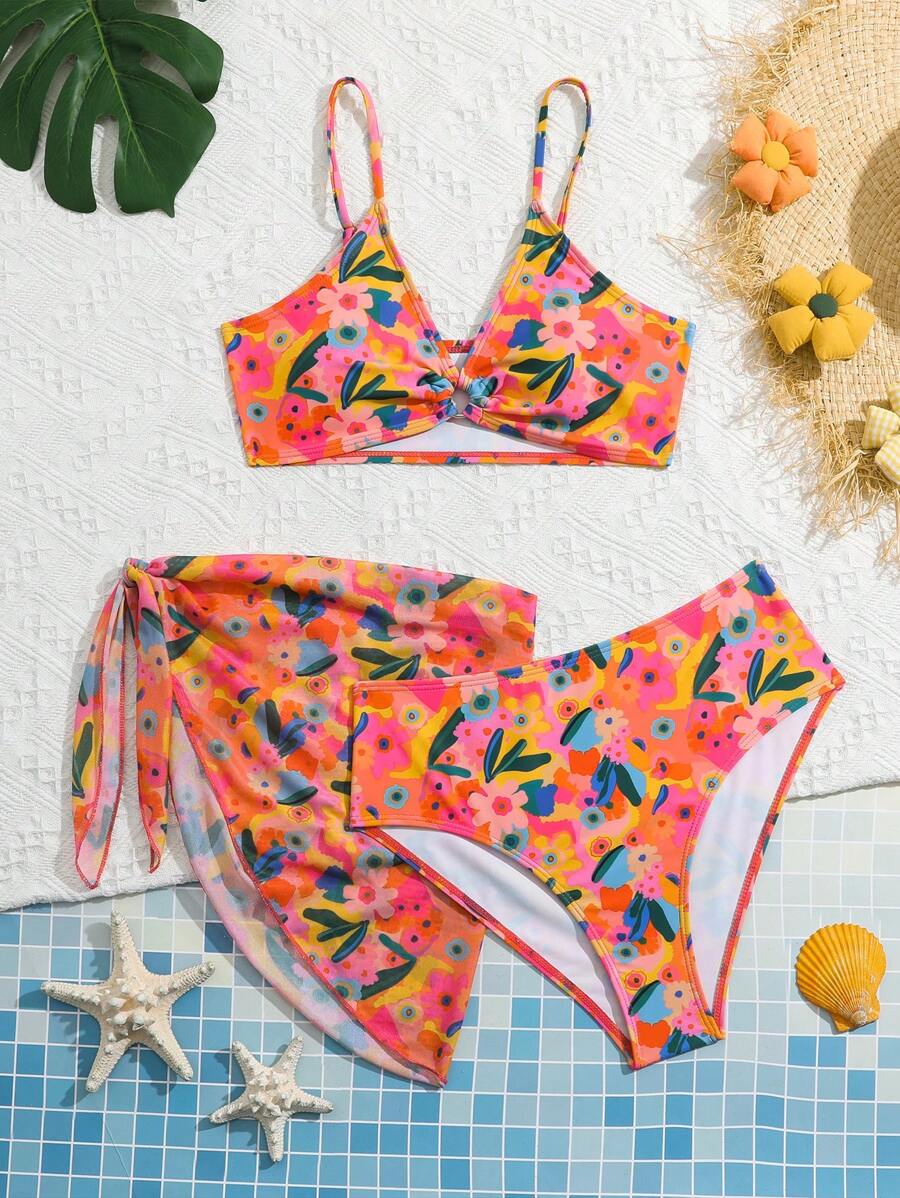 Teen Girl Floral Print Bikini Set With Beach Skirt Summer Beach - Multicolor - View 1