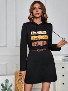 SHEIN LUNE Của phụ nữ áo có mũ Dây rút In thư Đầm nỉ - màu đen - Xem 3