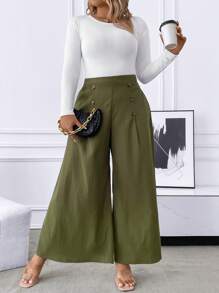 SHEIN LUNE Plus High Waist Plicated Detail Wide Leg Pants - Green - View 1