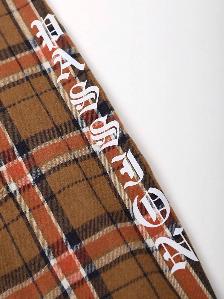 Men's Letter Printed Plaid Shirt Collar Long Sleeve Jacket