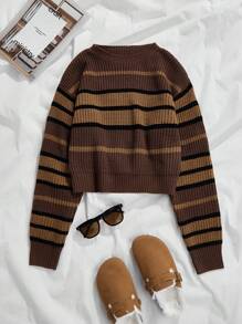 EMERY ROSE Striped Pattern Drop Shoulder Sweater,Long Sleeve Tops