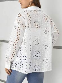 SHEIN LUNE Hơn Lỗ gắn thêu Nút phía trước Áo sơ mi - trắng - Xem 4