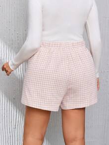 SHEIN Privé Hơn In kẻ sọc Nút phía trước Tweed Váy quần - Hồng - Xem 2