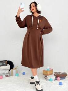 SHEIN EZwear Plus Drop Shoulder Bear Patched Drawstring Hooded Sweatshirt Dress - Coffee Brown - View 3