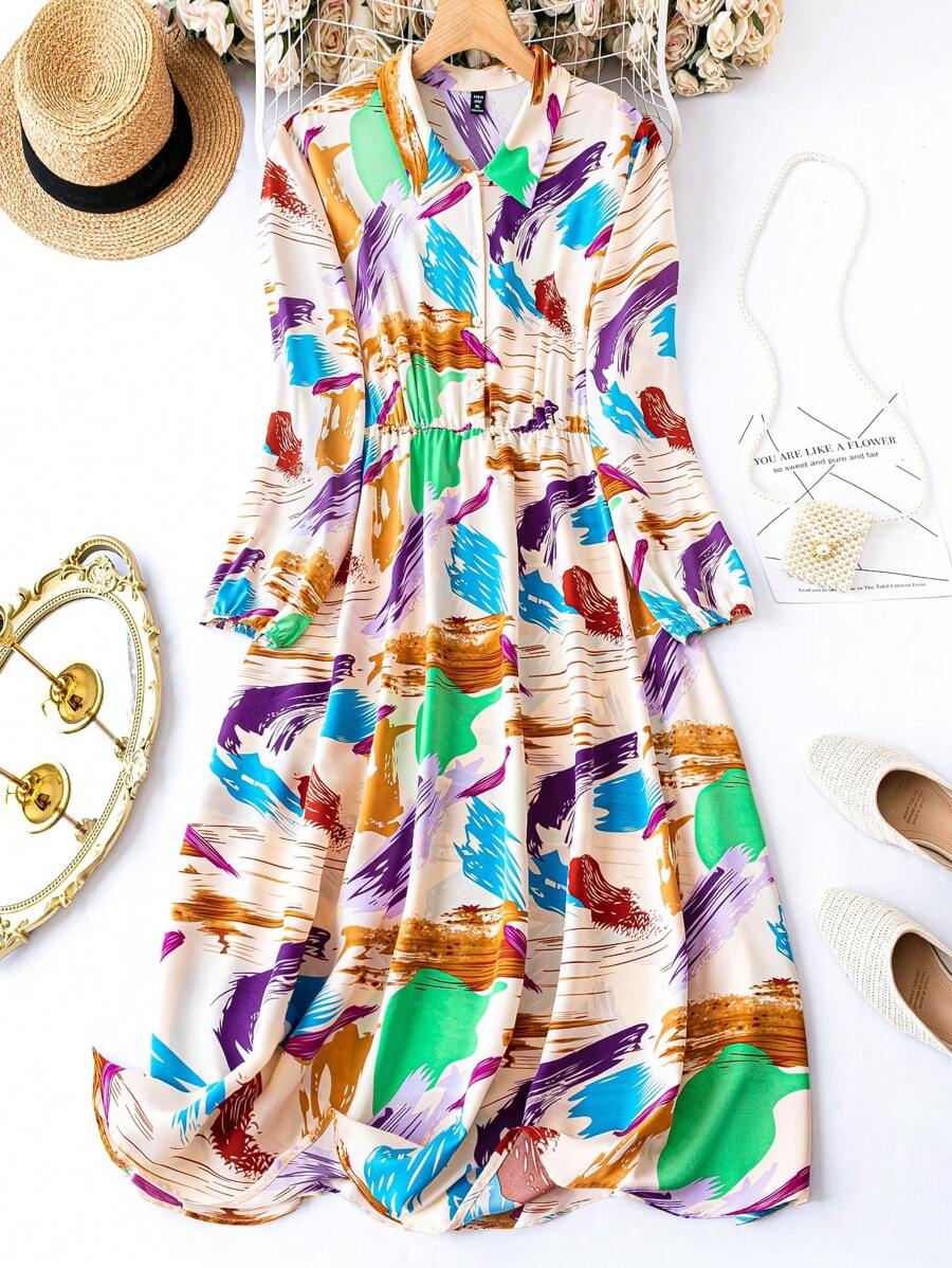 SHEIN LUNE Plus Allover Print Shirt Dress - Multicolor - View 1