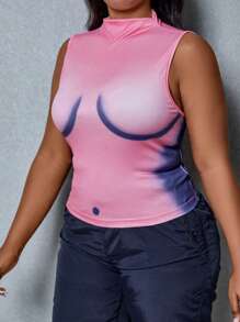 Maweii Plus Graphic Print Mock Neck Tank Top - Pink - View 5