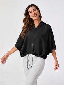 SHEIN Daily&Casual Batwing Sleeve Drawstring Hem Zip Up Sports Hooded Jacket - Black - View 7
