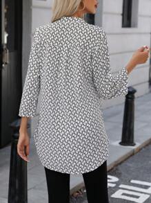 Allover Print Notched Neck Roll Tab Sleeve Blouse - White - View 2