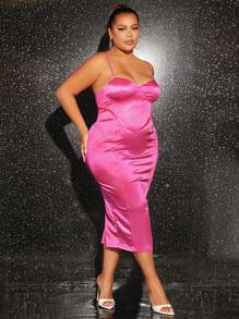 SHEIN SXY Plus Solid Satin Cami Dress - Hot Pink - View 3
