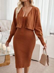 SHEIN Clasi Solid Cami Sweater Dress & Drop Shoulder Cardigan - Brown - View 4