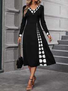 SHEIN Clasi Polka Dot Print V Neck A-line Dress - Black - View 1