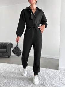 EURMUSE Solid Drop Shoulder Shirt Jumpsuit - Black - View 5