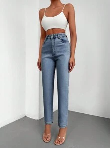 高腰媽媽牛仔褲 - 深色水洗藍 - 查看 6