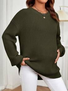 SHEIN Maternity Lantern Sleeve Drop Shoulder Sweater - Army Green - View 4