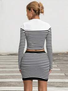 SHEIN Privé Striped Print Crop Tee & Bodycon Skirt - White - View 2