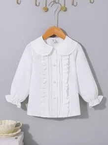 SHEIN Young Girl Peter Pan Collar Ruffle Trim Flare Sleeve Blouse - White - View 1