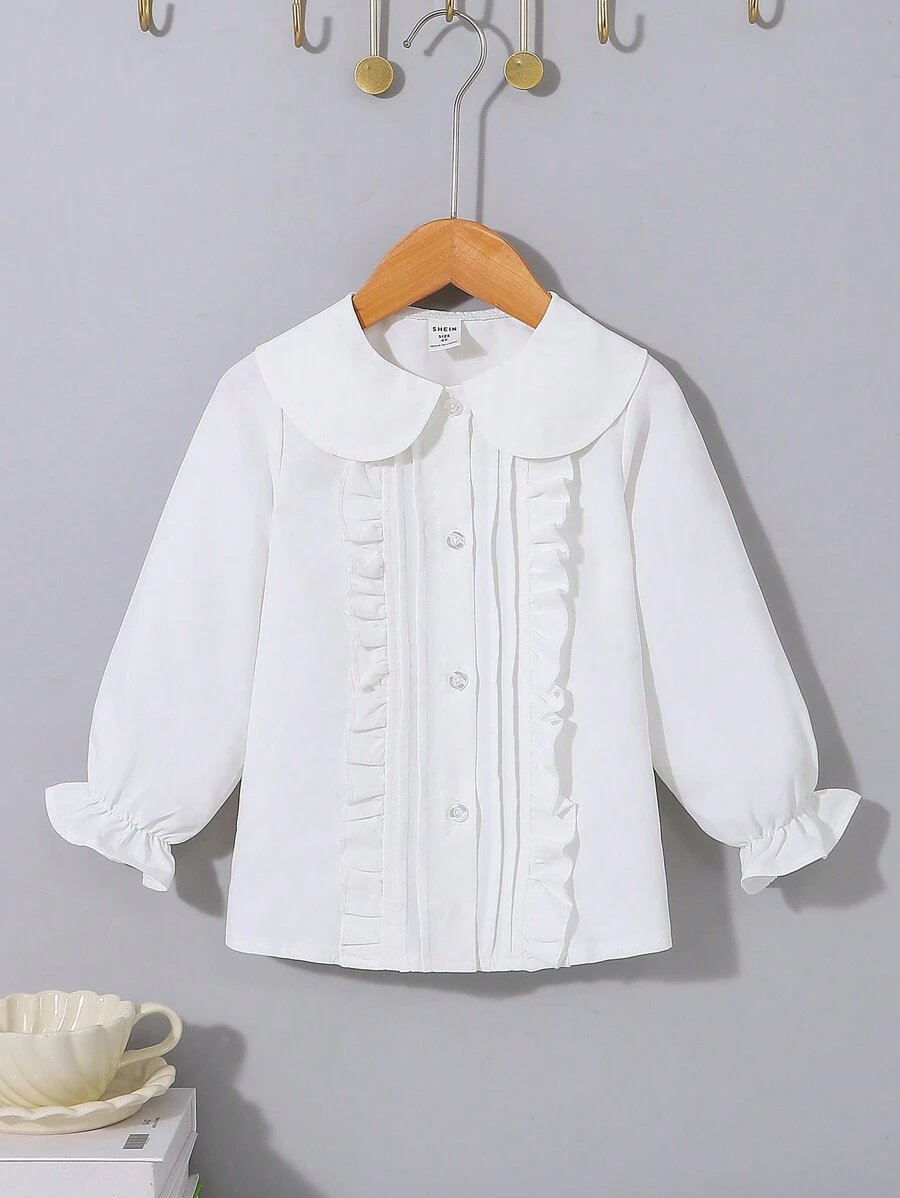 SHEIN Young Girl Peter Pan Collar Ruffle Trim Flare Sleeve Blouse - White - View 1