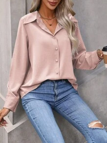 EMERY ROSE Solid Button Front Shirt,Long Sleeve Tops Fall Cloth For Women - Pink - View 6