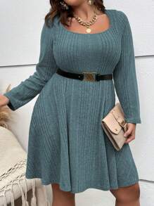 Vionelle Plus Ribbed Knit Scoop Neck A-Line Dress Without Belt Fall Cloth For Women - Dusty Blue - View 6
