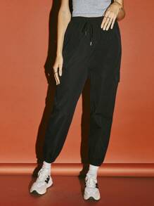 SHEIN EZwear Quần nữ Dây kéo Túi màu trơn Giải trí - màu đen - Xem 5