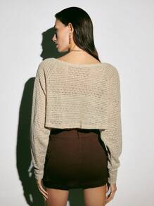 DAZY Pointelle Knit Open Front Crop Cardigan Without Cami Top - Beige - View 2