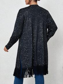 SHEIN Franclia 大碼斑點印花流蘇下擺開門襟外套 - 黑色 - 查看 3