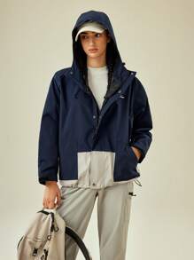 In My Nature Contrast Color Text Printed Hooded Outdoor Jacket - Blue - View 6