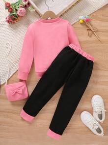 SHEIN Young Girl Figure Graphic Sweatshirt & Sweatpants With Bag - Pink - View 2