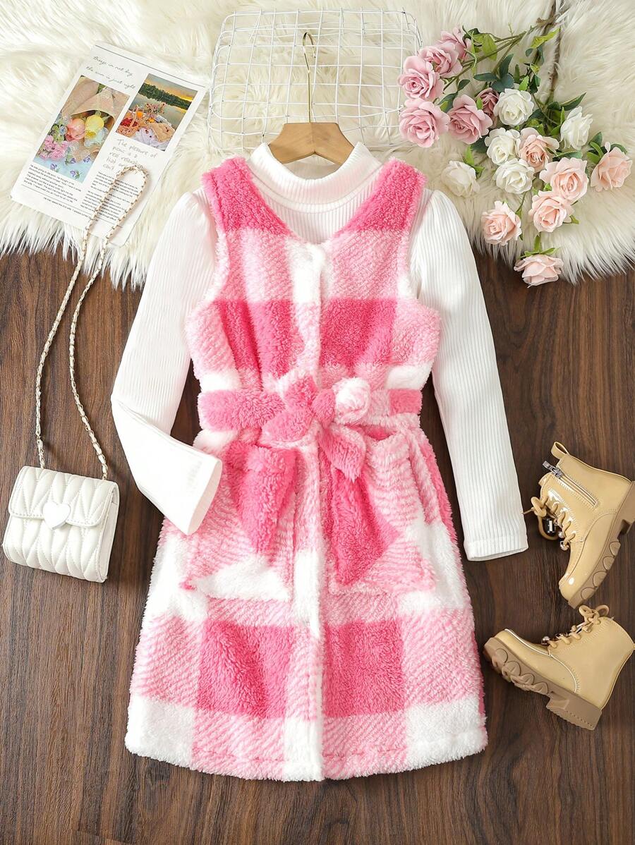 SHEIN Cô gái Tween 1 Miếng In kẻ sọc Thắt lưng Teddy Áo vest & 1 Miếng Áo thun - Nhiều màu - Xem 1