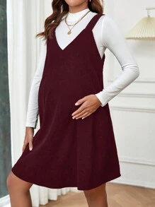 SHEIN 孕婦素色背帶洋裝不帶T恤 - 酒紅色 - 查看 1