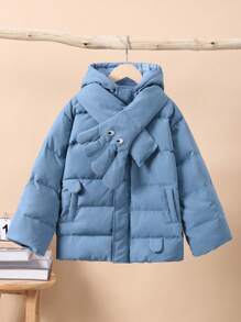 SHEIN 1 件适合青少年男孩的纯色连帽厚外套派克大衣，带 3D 卡通围巾装饰