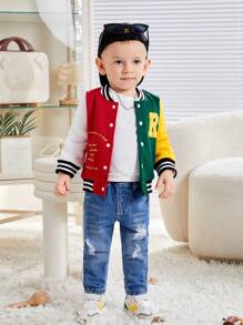 男嬰標語圖案貼布細節撞色學院風夾克 - 彩色 - 查看 3