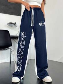 SHEIN Unity 字母圖案腰部抽繩闊腿褲 - 藏蓝色 - 查看 3