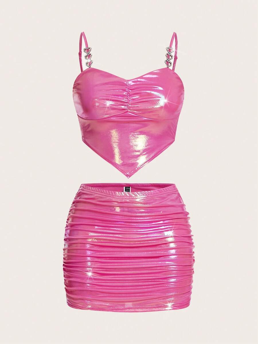 Sweetina Ruched Bust Hanky Hem Metallic Cami Top & Bodycon Skirt
