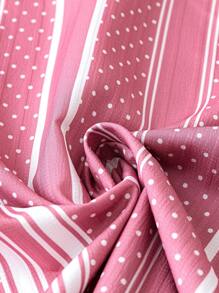 SHEIN LUNE 大碼條紋圖案和波點圖案褶邊缺口領泡泡袖襯衫 - 粉色 - 查看 4