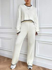 SHEIN Unity Contrast Trim Drop Shoulder Sweater & Knit Pants - Multicolor - View 4