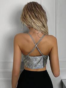 SHEIN ICON Viền mặt trước Viền không đối xứng Kim loại Áo hai dây - Bạc - Xem 2