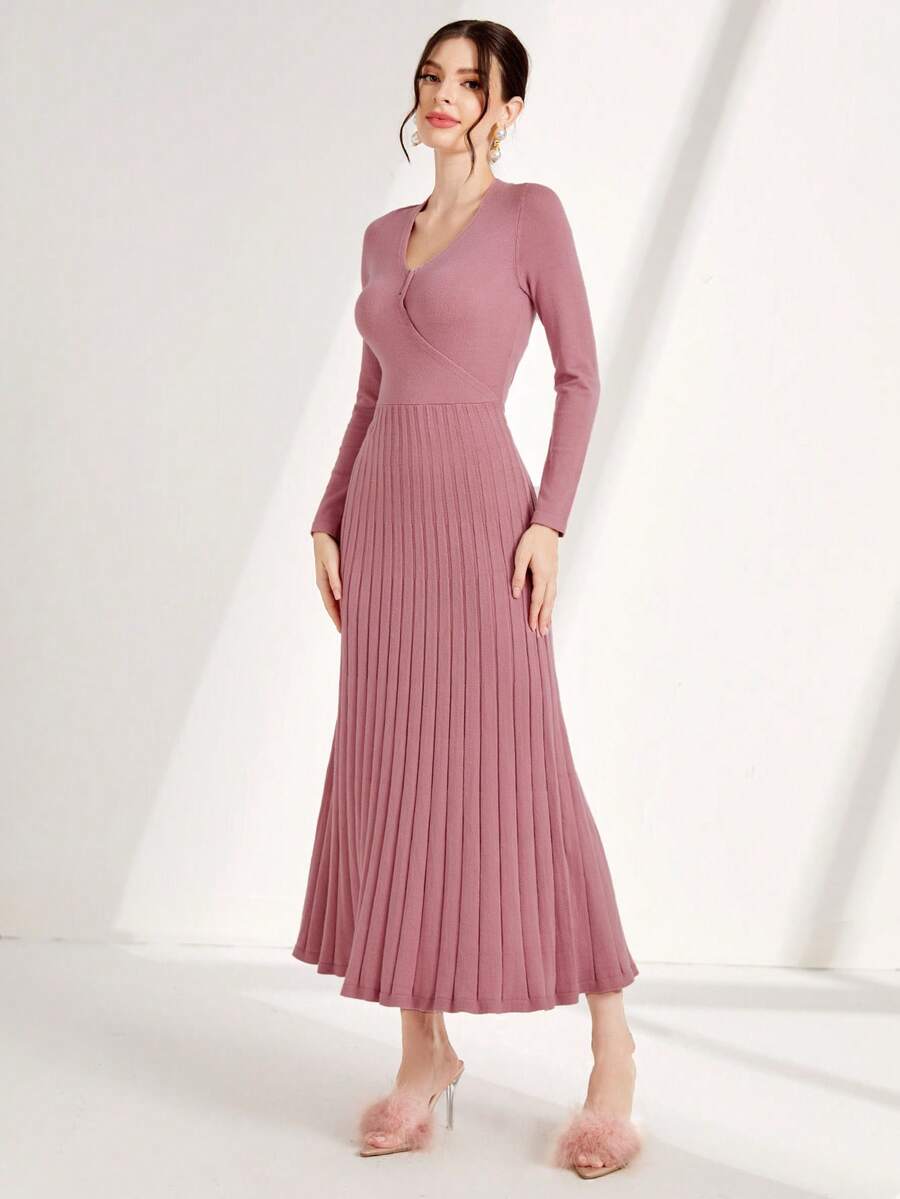 Modelyn Surplice Neck Pleated Hem Sweater Dress