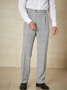 Calvornis Men Plus Plaid Print Slant Pocket Suit Pants - Light Grey - View 3