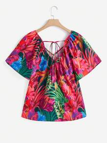 SHEIN LUNE 大碼熱帶圖案後綁帶插肩袖襯衫 - 彩色 - 查看 2