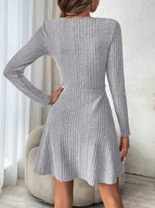 SHEIN Frenchy 素色大圓領條紋針織洋裝不附腰帶 - 淺灰色 - 查看 2