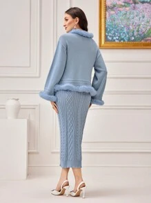 Modelyn 毛绒装饰开衫和粗针织毛衣连衣裙 2 件套 - 藍色 - 查看 2