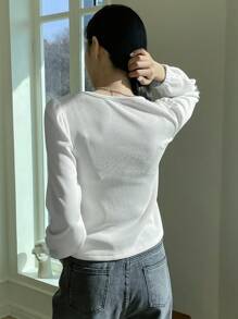 Dazy Star Solid Puff Sleeve Ribbed Knit Tee,Fall Clothes Long Sleeve Women Tops - White - View 2