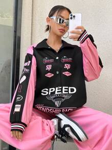 StreetHx Letter Graphic Colorblock Drop Shoulder Jacket Fall Winter Cloth For Women - Black - View 3